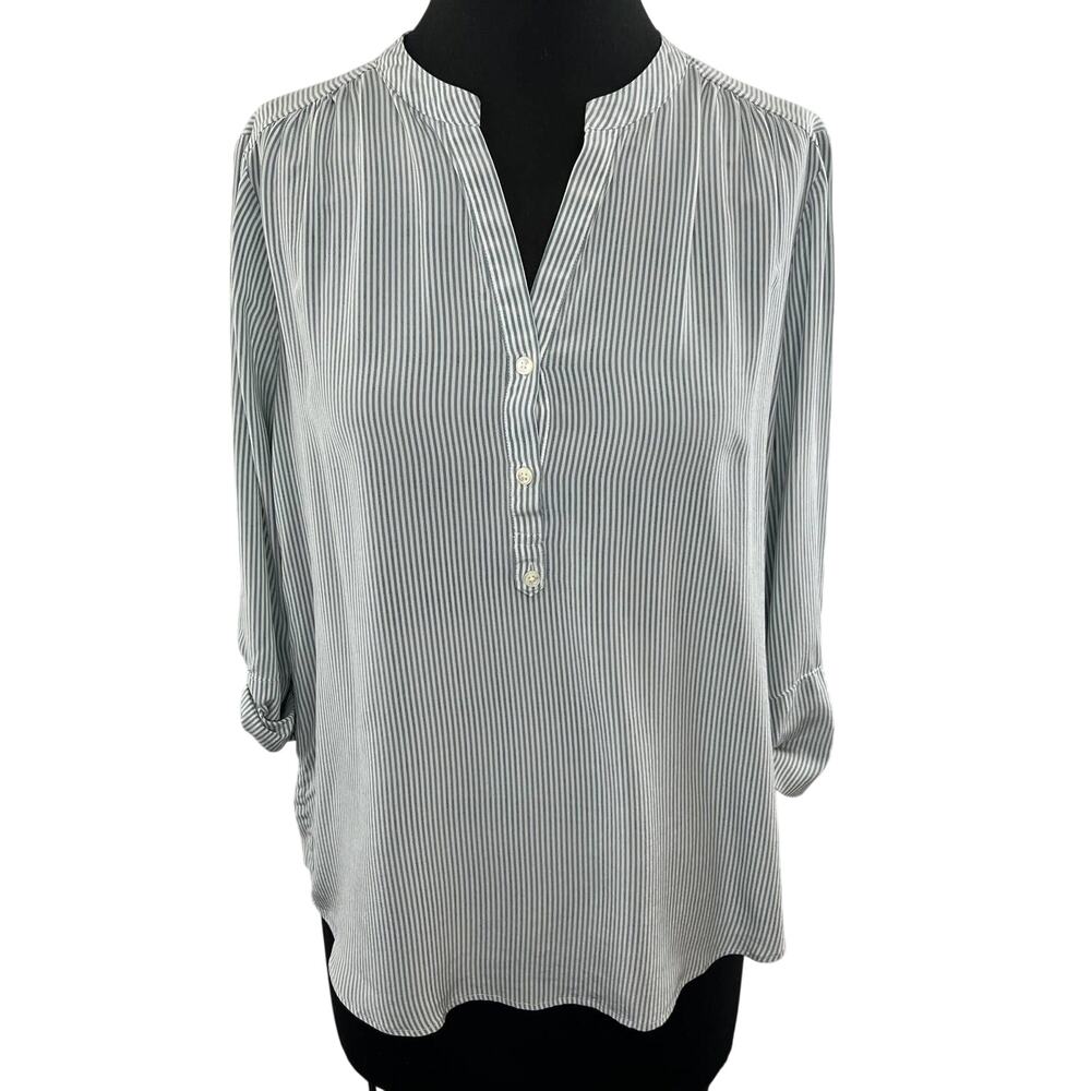 CLOSED White Gray Striped Silk 3/4 Sleeve Split V-Neck Popover Blouse M XL $350